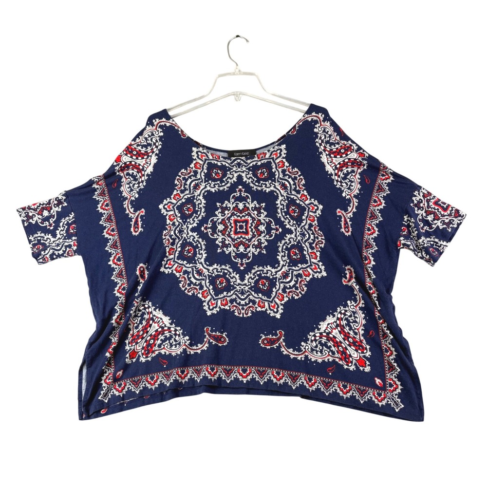 Karen Kane Womens XL Navy Blue Paisley Bandana Print Dolman Sleeve Top Boho Soft